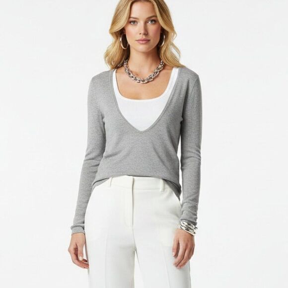 Ann Taylor Sweaters - Ann Taylor Gray Deep V Neck Long Sleeve Sweater M